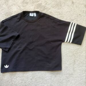 Adidas Women’s Black Short-Sleeve Crew Sweatshirt with White Stripes